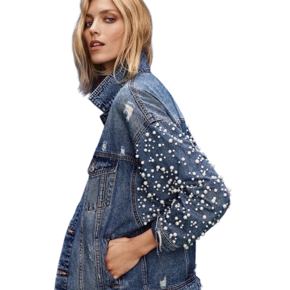 Pearl-Embellished Blue Denim Jean Jacket